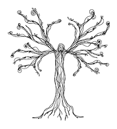 Sketch of a tree in black ink with a white background